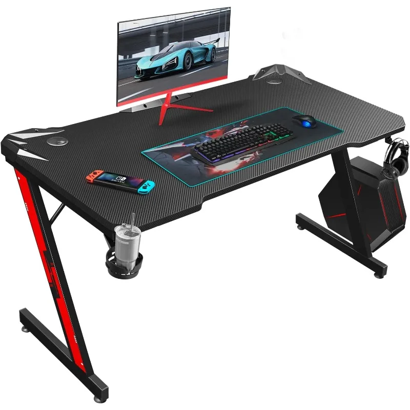 Gaming Desk, Computer Desk with Carbon Fiber Surface, Gaming Table Z Shaped PC Gaming Workstation Home (44 inch, Black)