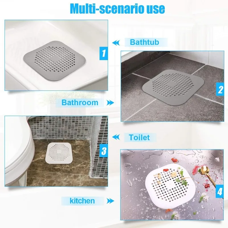 Drain Cover Shower Drain Hair Catcher Flat Silicone Plug Bathroom Kitchen Square Filter Shower Protection Sink Strainer