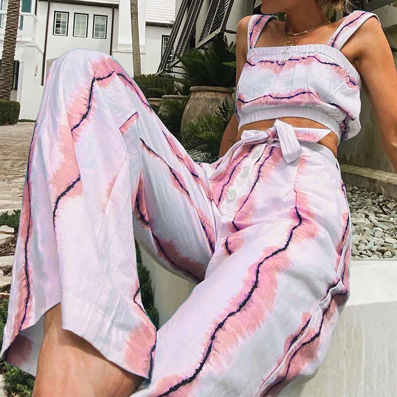 Color Contrast Small Vest Fashion Wide Leg Pants Women's Set  Summer Halter Women's Two-piece Set  Fashion Tie-dye Holiday Set