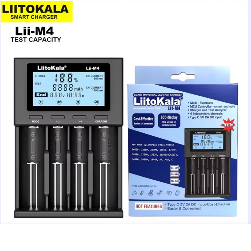 Universal Smart Battery Charger with LCD Display, 4-Slot for Various Sizes, 5V 2A Capacity Testing