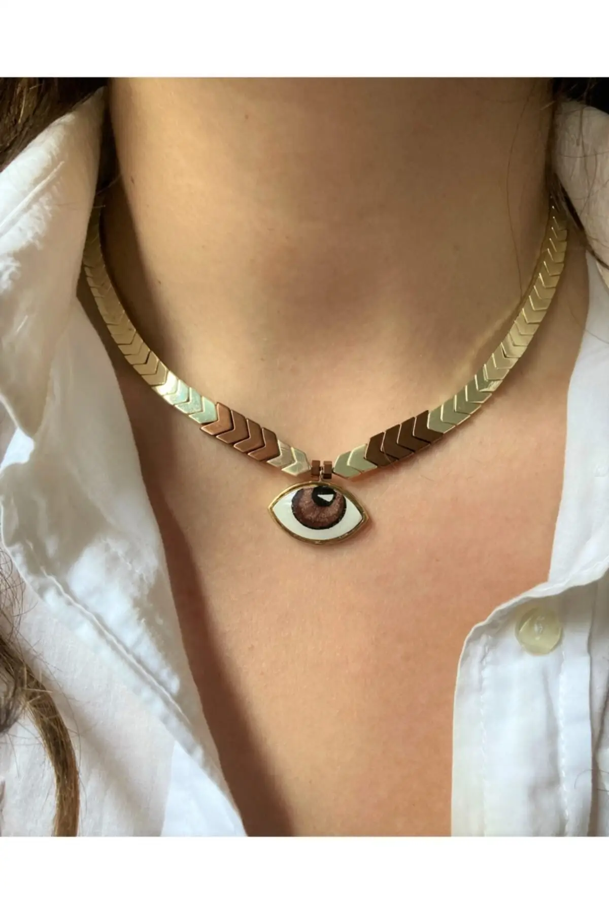

Brown Eye Detailed Gold Coffee Hematite Necklace Clip Natural Stone Gold One Size Steel Jewelry & Jewelry Accessory