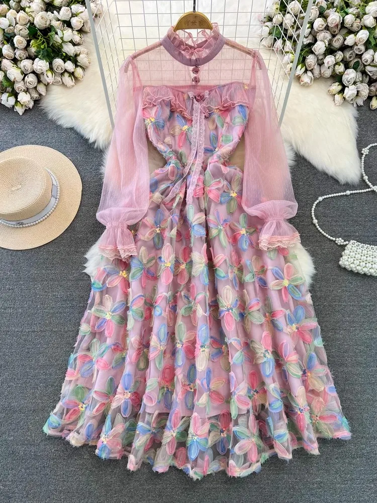 

HIGH QUALITY Newest 2024 Fall Winter Designer Dress Long Sleeved Stand Up Collar Three-Dimensional Flower Mesh Dress