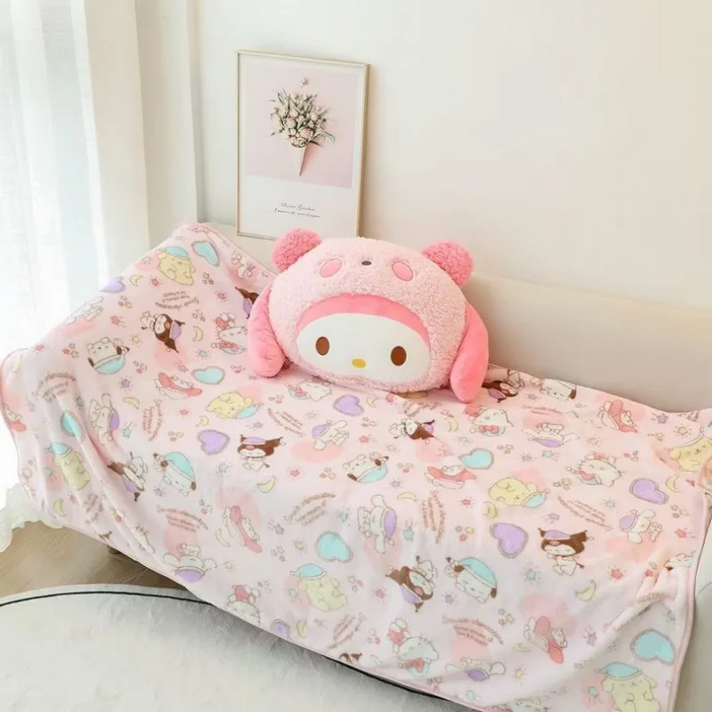 MINISO Sanrio Cartoon Cinnamoroll Pom Pom Purin Shaped Plush Cushion Melody Kuromi Sofa Cushion Nap Air Conditioning Blanket