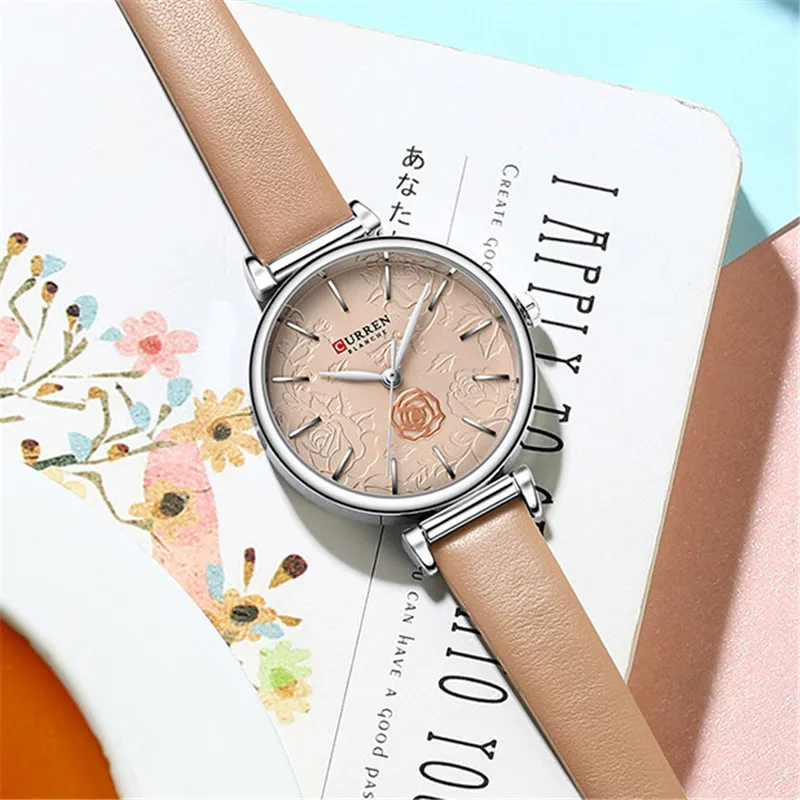 CURREN Women Watch Top Brand Luxury Female Waterproof Clock Genuine Leather Bracelet Fashion Flower Ladies Wristwatch Gift 9078 2