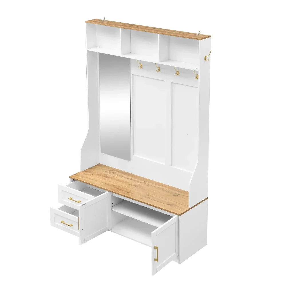 Multifunktionaler Flur- und Schuhschrank mit LED-Beleuchtung, Spiegel, Haken und Schubladen – moderner Kleiderschrank mit Stauraum und Sitzfläche – Detail 15