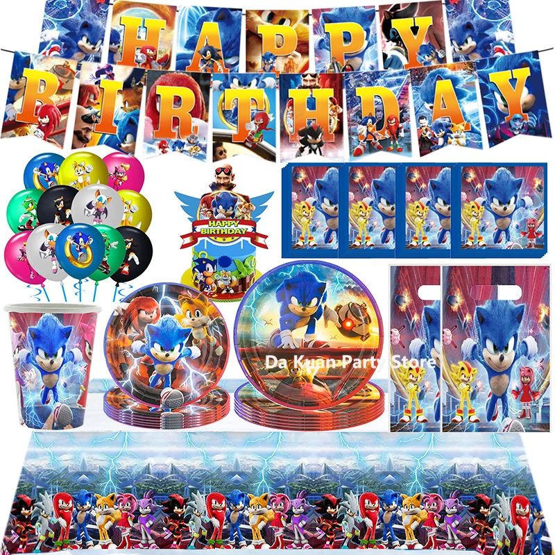 Lote de suministros para fiestas temáticas de Sonic, globos, decoraciones de cumpleaños para niños de Sonic the Hedgehog, pancartas, bolsas de regalo, decoración para tartas