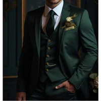 Green Luxury Men Suits Blazer 3 Piece Jacket Pants Vest Single Breasted Notched Lapel Office Male Casual Full Set Outfits 1
