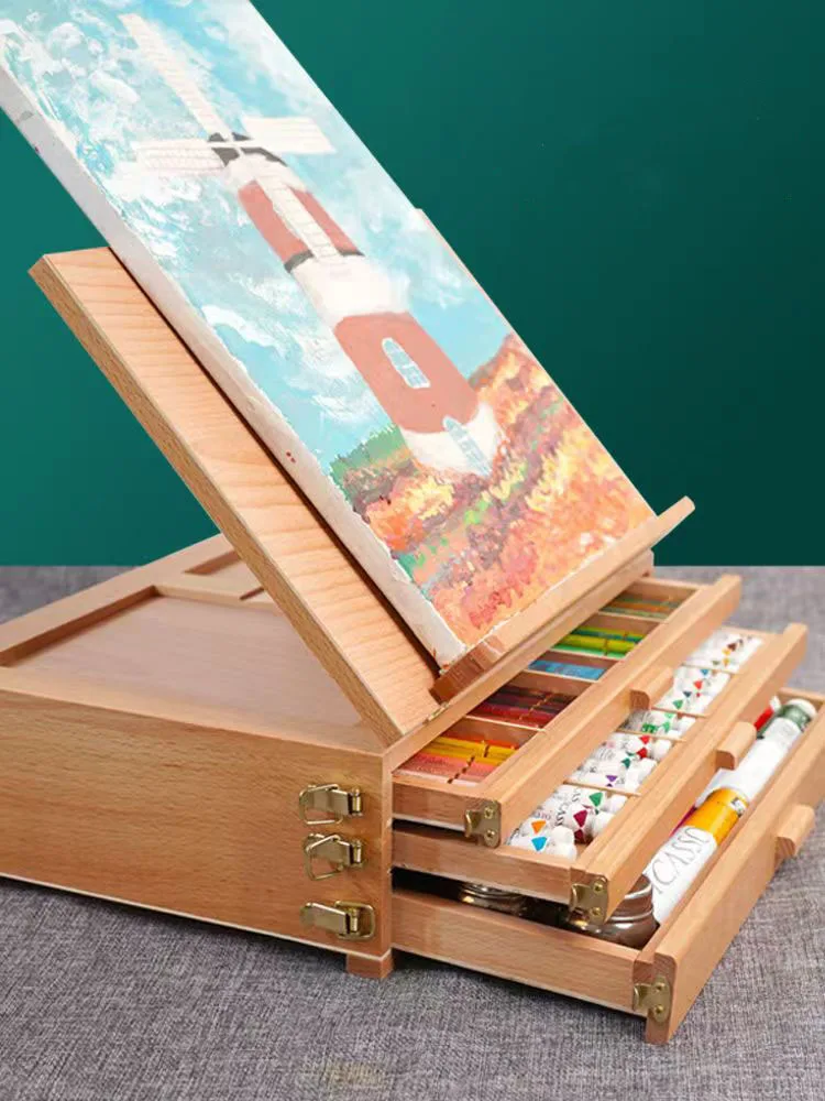 Handheld Oil Painting Storage Box Solid Beech Wood Portable Sketching Frame Painting Toolbox Three-layer Drawer Easels