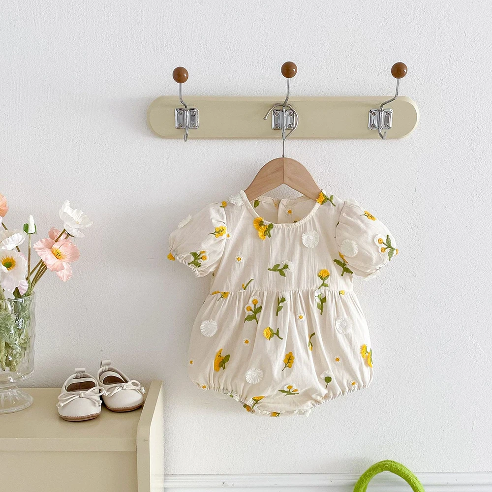 Pastoral Girls Baby Embroidered Floral Romper Short Sleeved Sunflower Infant Jumpsuit Toddler Newborn One Piece Baby Clothing baby rompers cotton jumpsuit baby jumpsuit