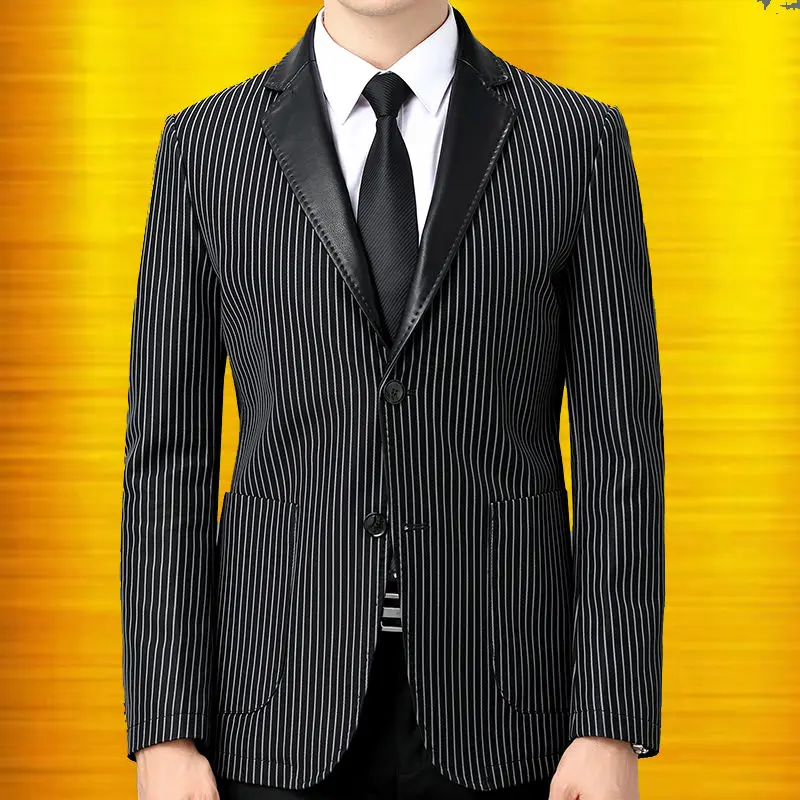 

2023 Men's Leather Suit New Autumn High Quality Strip Pattern Artificial Leather Jacket/Business Men's Windproof Jacket A52