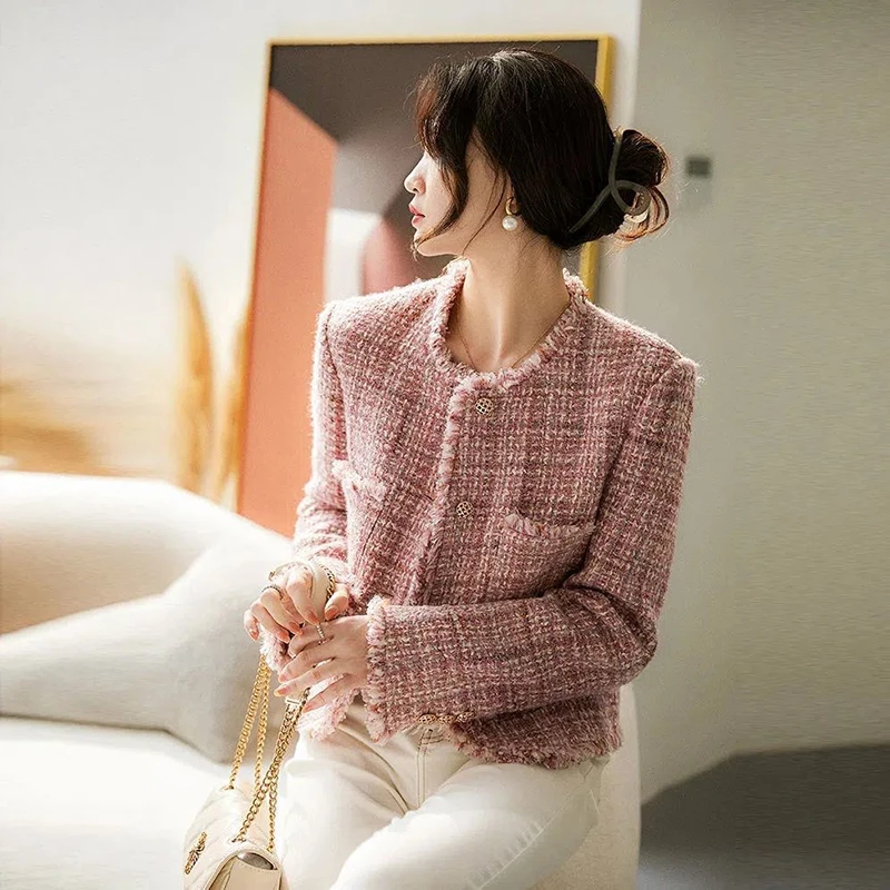 White Korean Tweed Cropped Jacket For Women Autumn Long Sleeve Tassel Luxury Coat Ladies Temperament Single Breasted Outwear