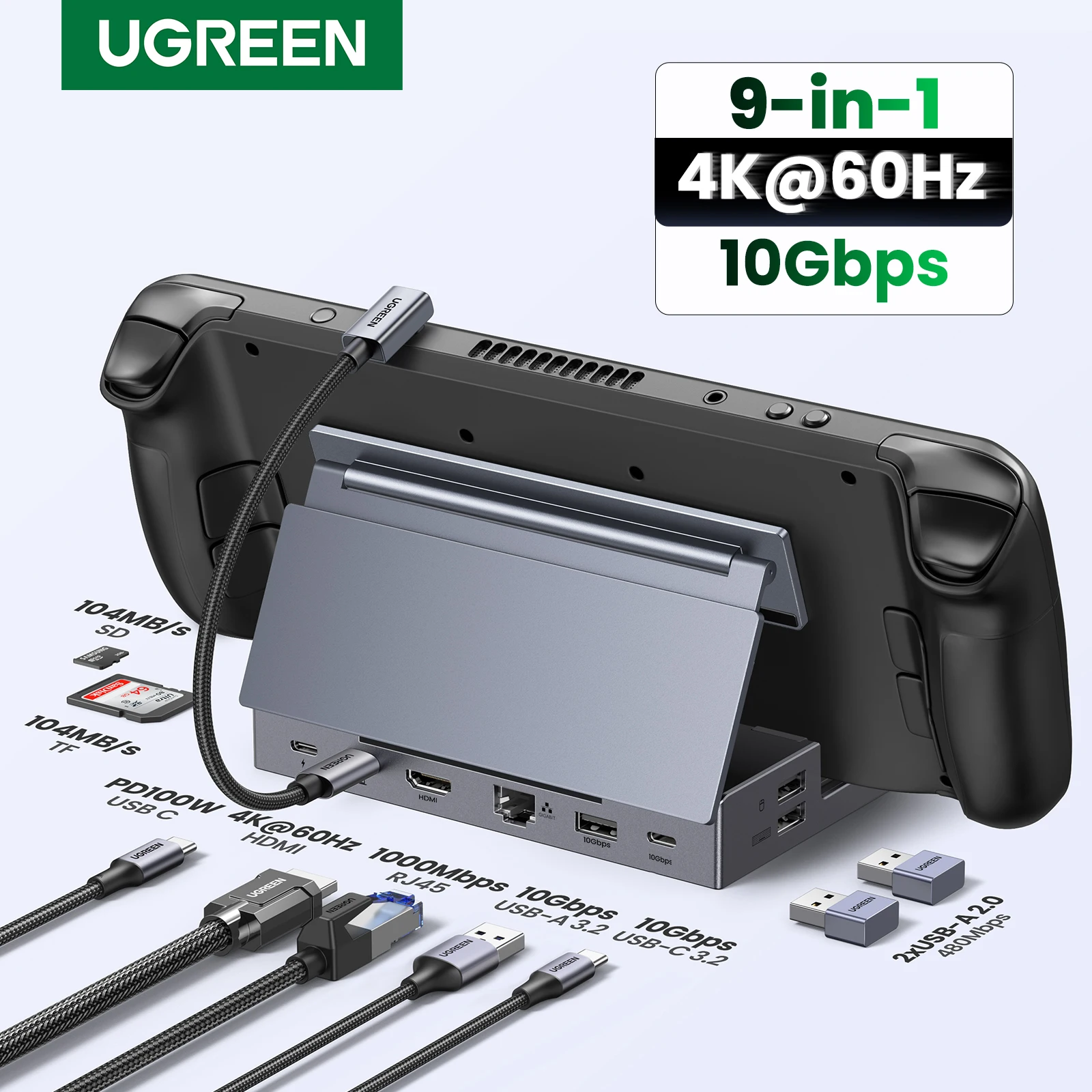 UGREEN Steam Deck Dock 4K60Hz 9 Ports RJ45 PD100W USB C HUB Compatible with Steam Deck ROG Ally LEGION Go iPhone 15 Pro/Pro Max 1