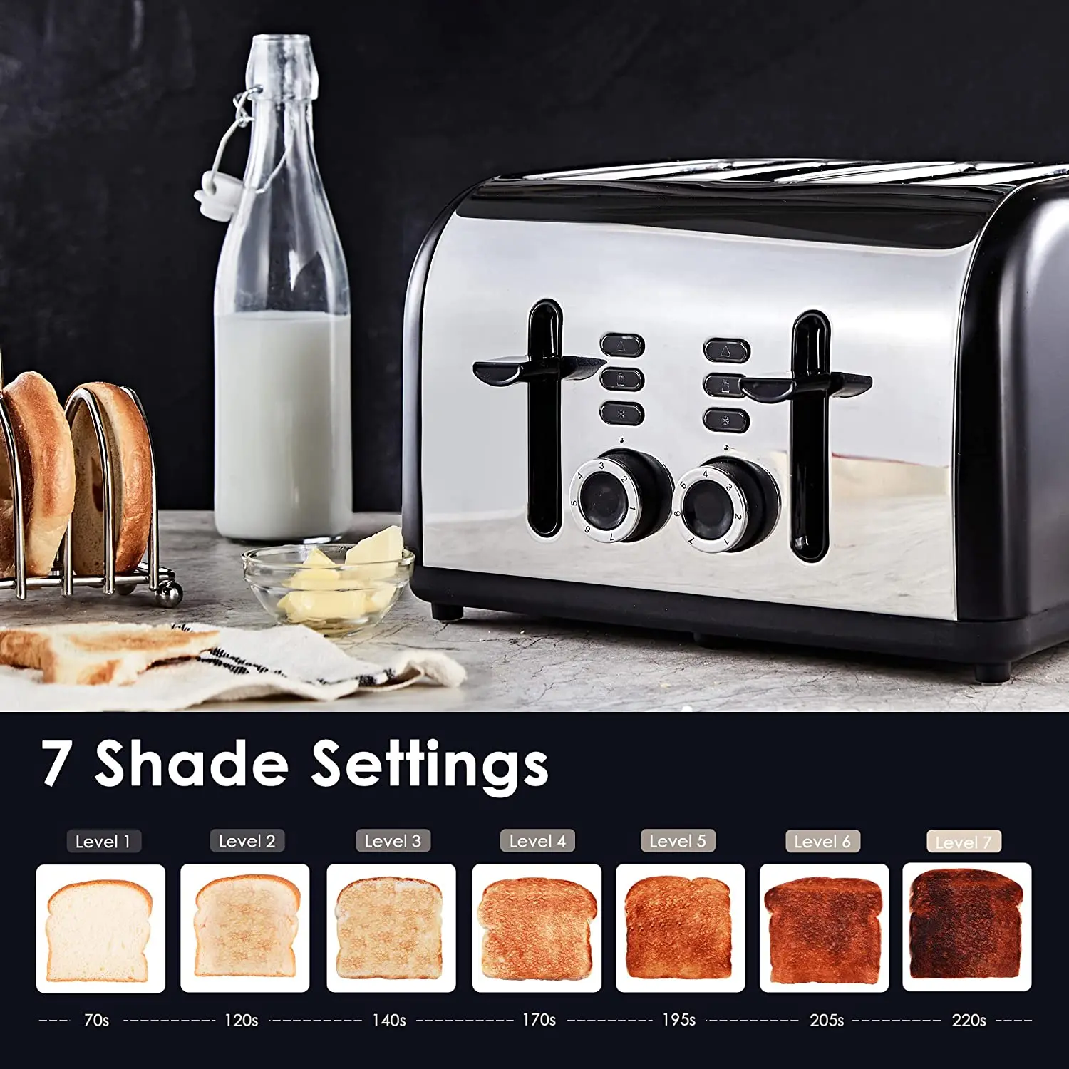 4 Wide Slots Toaster Black CUSINAID Stainless Steel Toasters with Reheat Defrost Cancel Function Toaster 4 Slice 7-Shade Setting 