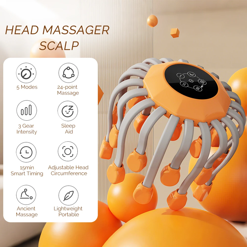 24 Point Octopus Claw Head Massager Electric Scalp Massager 24 Heads Vibration Massage Scratcher Bluetooth Music Relaxation