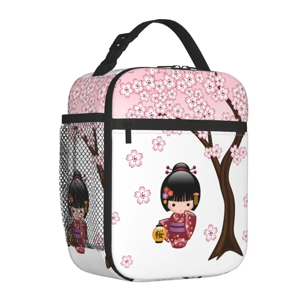 Kokeshi Doll Red Black White Cherry Blossoms Insulated Lunch Bag Japanese Girl Art Food Box Cooler Thermal Lunch Box School