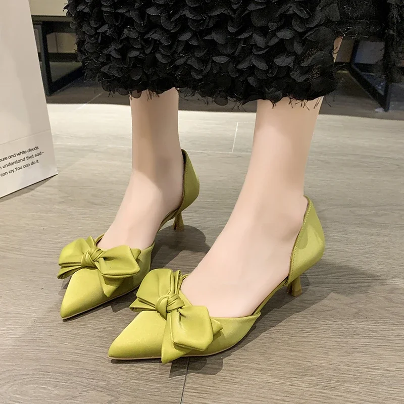 Elegant Silk Bow Thin Heel Pumps Shoes for Women 2023 Two-Piece Green Party Shoes Woman Summer Slip-On Med Heels Pumps Shoes