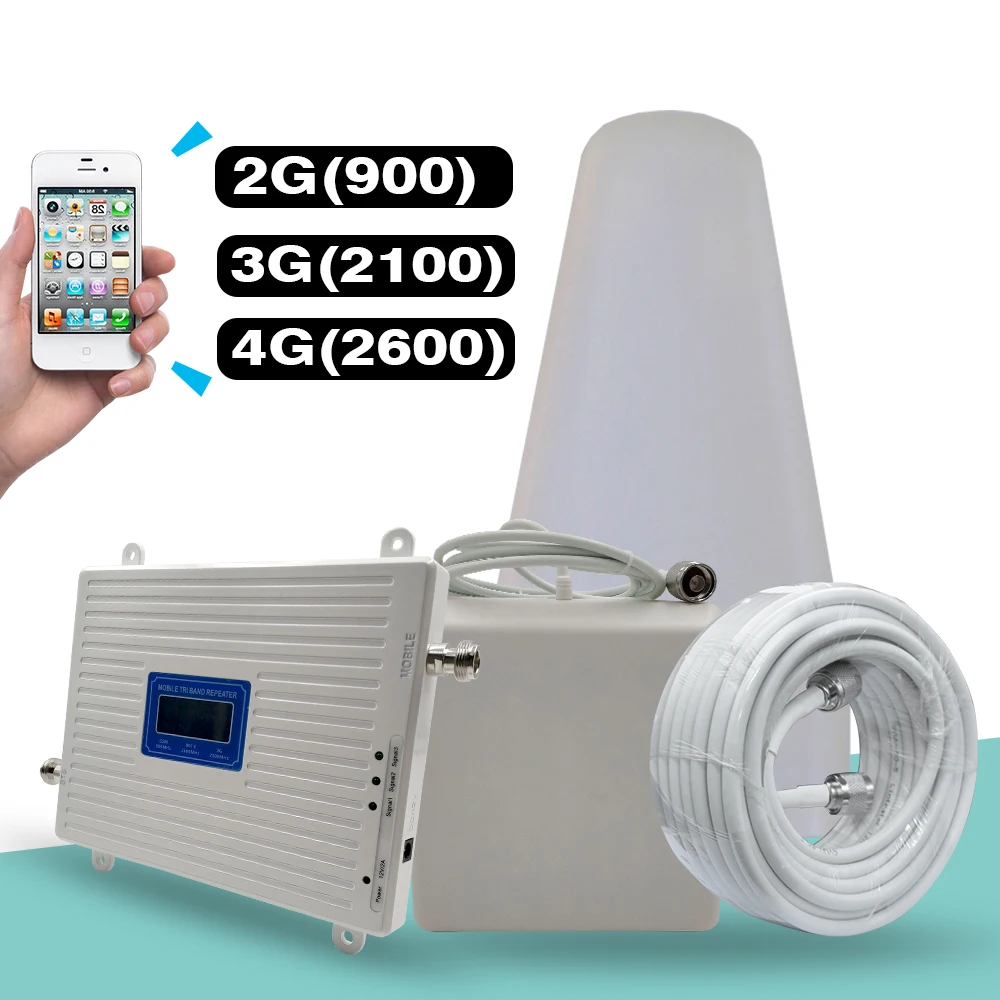 

2G 3G 4G Tri Band Signal Booster GSM 900+(B1)WCDMA 2100+(B7)FDD LTE 2600 Cellphone Signal Repeater Mobile Cellular Amplifier Kit