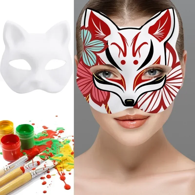 New DIY Hand-Painted Blank Foxes Mask Japanese Cosplay Rave Anime Demon Slayer Half Face Cat Masks Halloween Mask Cosplay Props