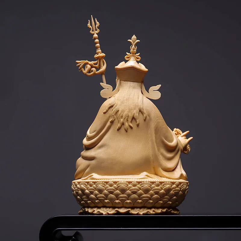 Wood Carved Padmasambhava Statue Guru Rinpoche Tibetan Buddhism Sculpture for Home or Shrine Decor