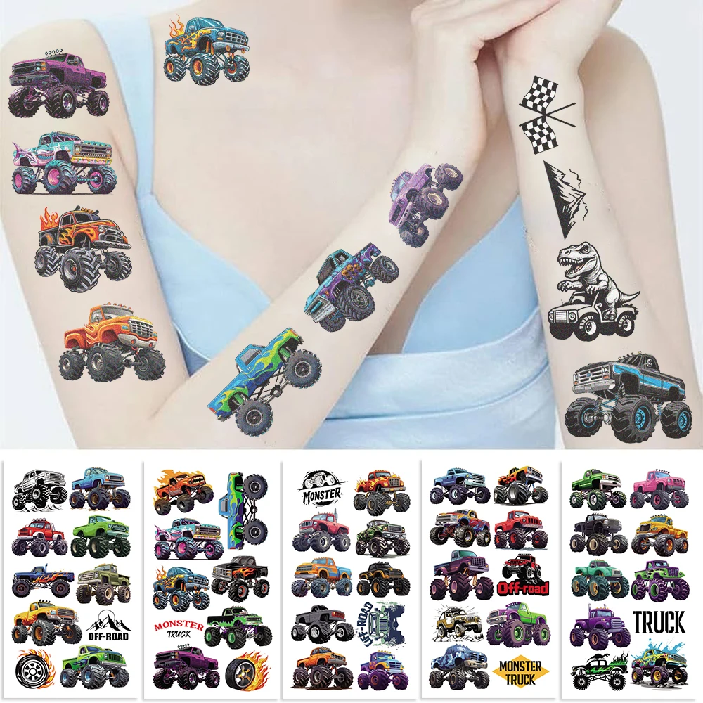10 Sheets/Set Monster Truck Temporary Tattoos Stickers Happy Birthday Monster Truck Balloons Big Wheel Racing Party Foil Balloon