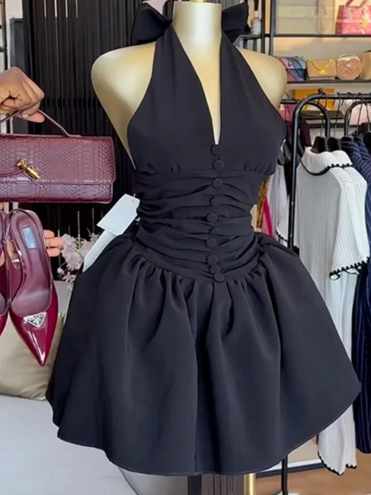 Wmstar Dresses for Women Wholesale New Summer Style V Neck Neckline Bow Backless High Waist Short Elegant Mini Dress 2025