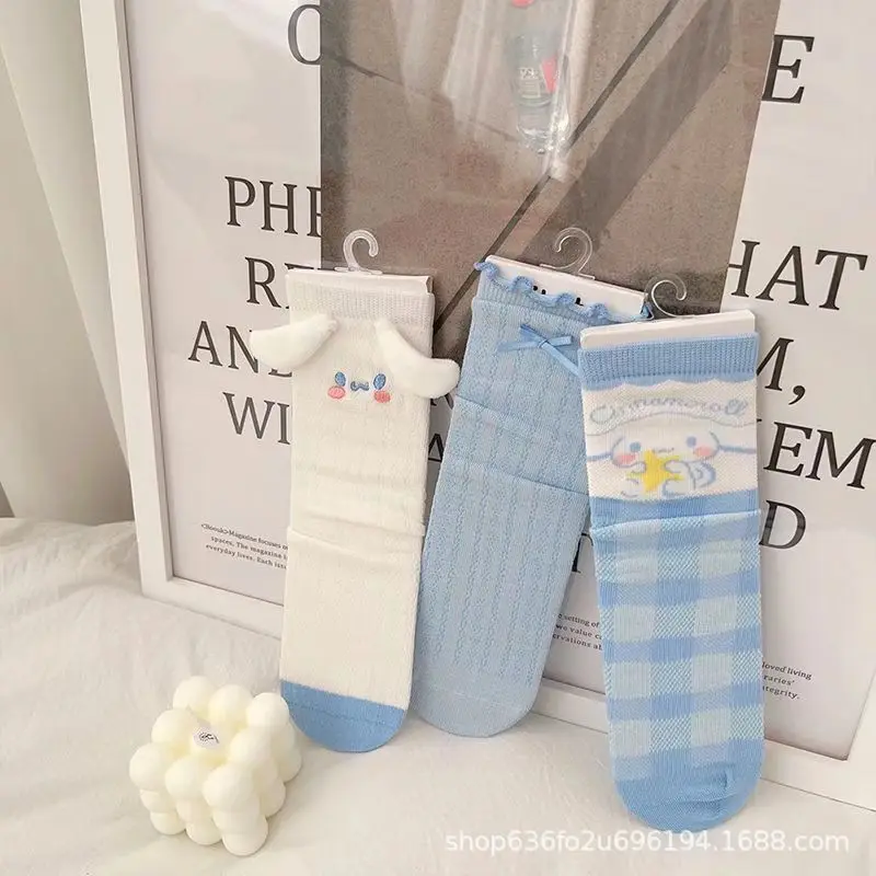 3Pcs Kawaii Anime Sanrio Mid-Tube Socks Cinnamoroll Cute Student Autumn Four Seasons Comfortable Sweat-Absorbing Socks Toys Girl