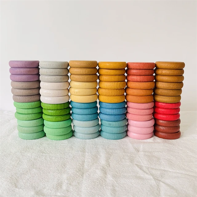 Rainbow Colored Wooden Rings Coins Blocks Kids Open Ended Play Toys Baby Montessori Activity At Home Stacking Game Loose Parts 2