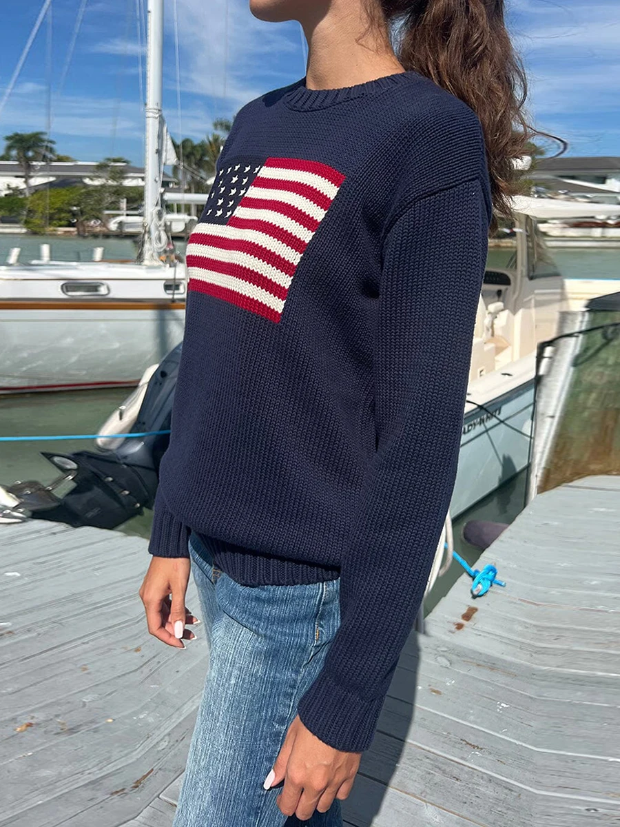 Women American Retro Sweater Long Sleeve Crew Neck Loose Fit Knit Pullover Tops Y2k Casual Loose Pullover Sweater 6
