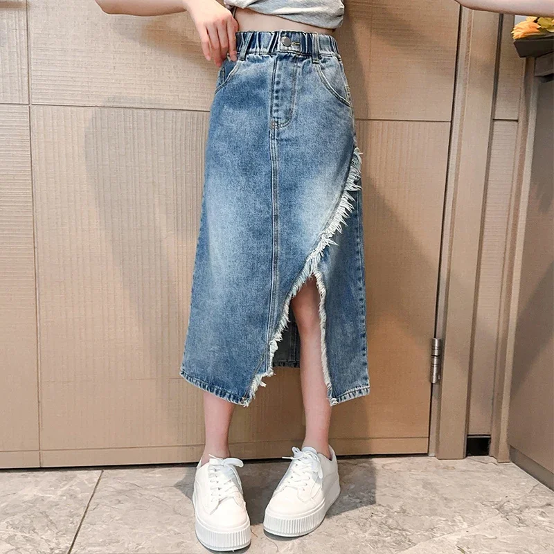 5 6 7 8 9 10 11 12 13 Year Teen Girls Denim Skirt New Fashion Korean Version Split Long Skirt Children Clothing Birthday Present