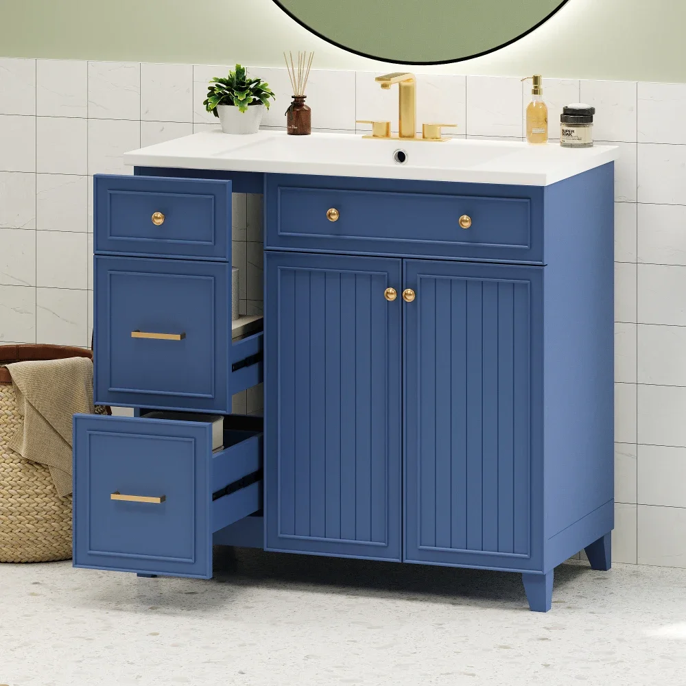 36-inch Bathroom Vanity, Transitional Style Bathroom Cabinet with Resin Sink, Navy Blue Single Bathroom Cabinet, with 2 Drawers 3