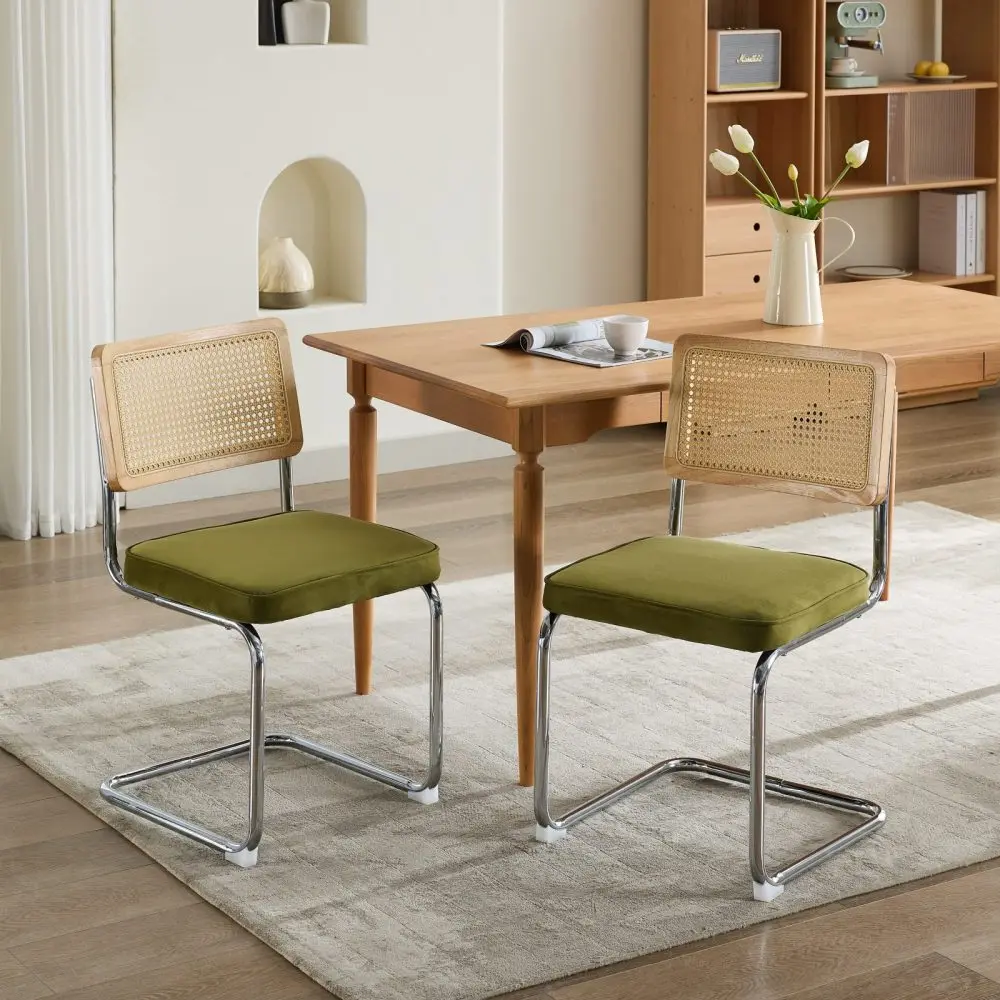 Moderne Esszimmerstühle aus der Mitte des Jahrhunderts, 2er-Set, Samt-Akzentstühle mit Rohrrrückenlehne und rostfreiem Chromsockel, gepolstertes Rattan – Detail 14