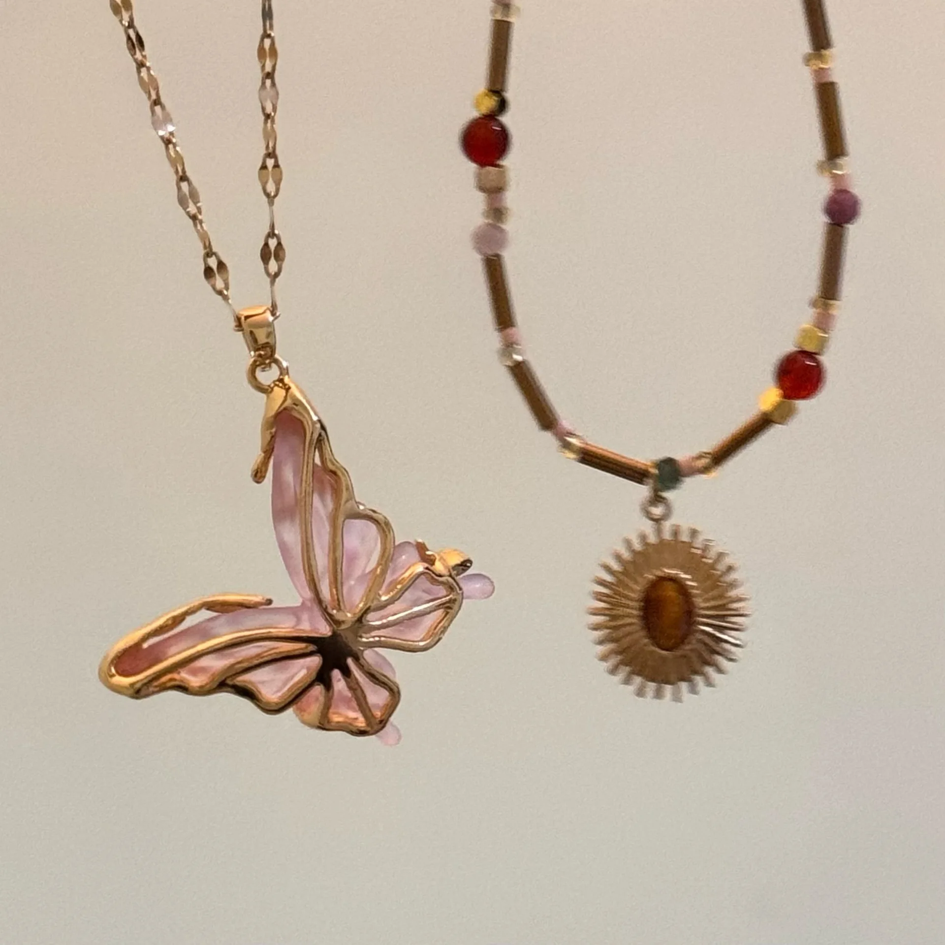 

YOUNGX Maillard Style French Vintage Natural Stone Beaded Necklace Crystal Butterfly Pendant Necklaces For Women Jewelry