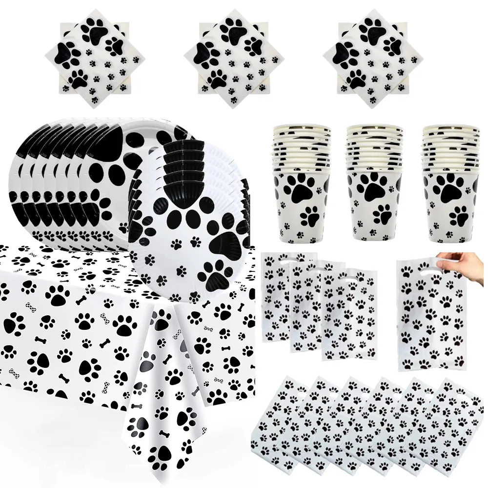 

Black Dog Claw Theme Birthday Party Decorative Tableware Set Cute Black and White Art Dog Claw and Cat Claw Party Supplies