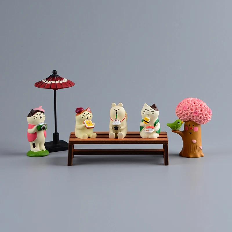 

Cartoon Animal Cats Model Action Figure Resin Cherry Tree Bird Picnic Sence Desktop Decor Mini Home Decoration Kids Toys Dolls