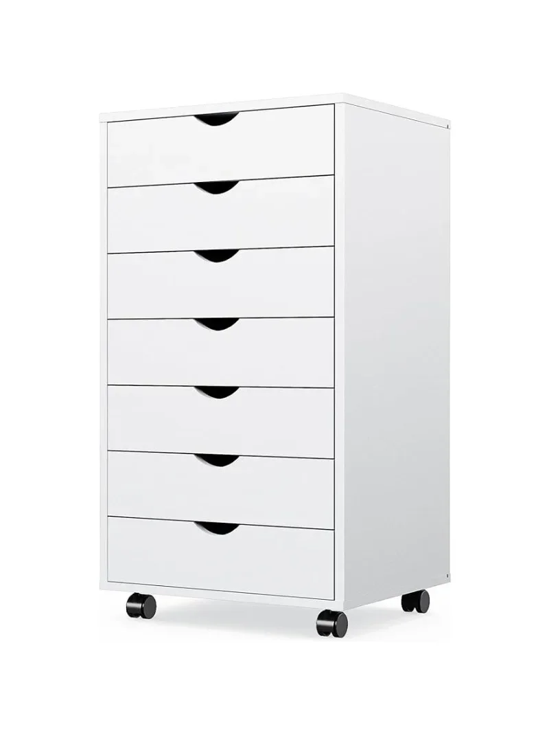 

7 Drawer Chest - Dressers Storage Cabinets Wooden Dresser White Mobile Cabinet with Wheels Room Organizer Rolling Small Drawers