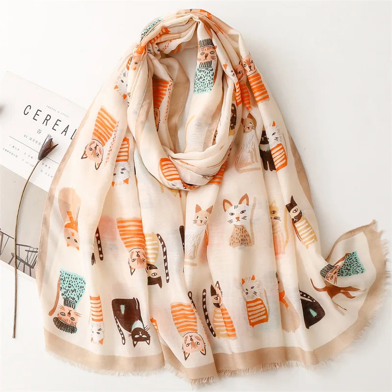 2023 Autumn Lovely Cartoon Cat Pattern Viscose Shawl Lady High Quality Soft Wrap Pashmina Stole Bufandas Muslim Hijab 180*90Cm autumn fashion lovely cashew floral tassel viscose shawl scarf lady high quality soft wrap pashmina stole muslim hijab 180 90cm