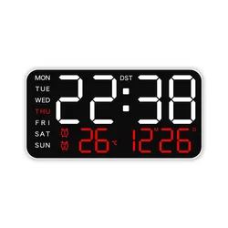 Enhanced LED Digital Wall Clock with Temperature, Date, and Dual Alarm Function - 12/24 - Hour Display, No Battery Needed (White shell red)
