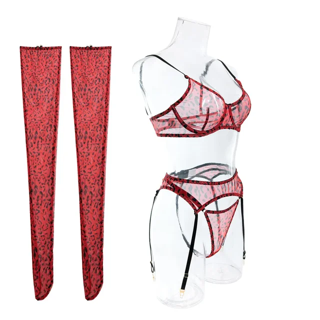 Mesh Leopard Print Lingerie Four Pieces Set 3