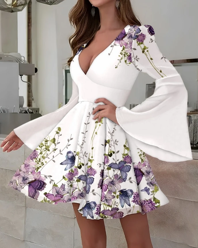

Women's Dress Elegant Summer Vacation Butterfly Floral Print V-Neck Bell Long Sleeve Ruched High Waist A Line Mini Dress