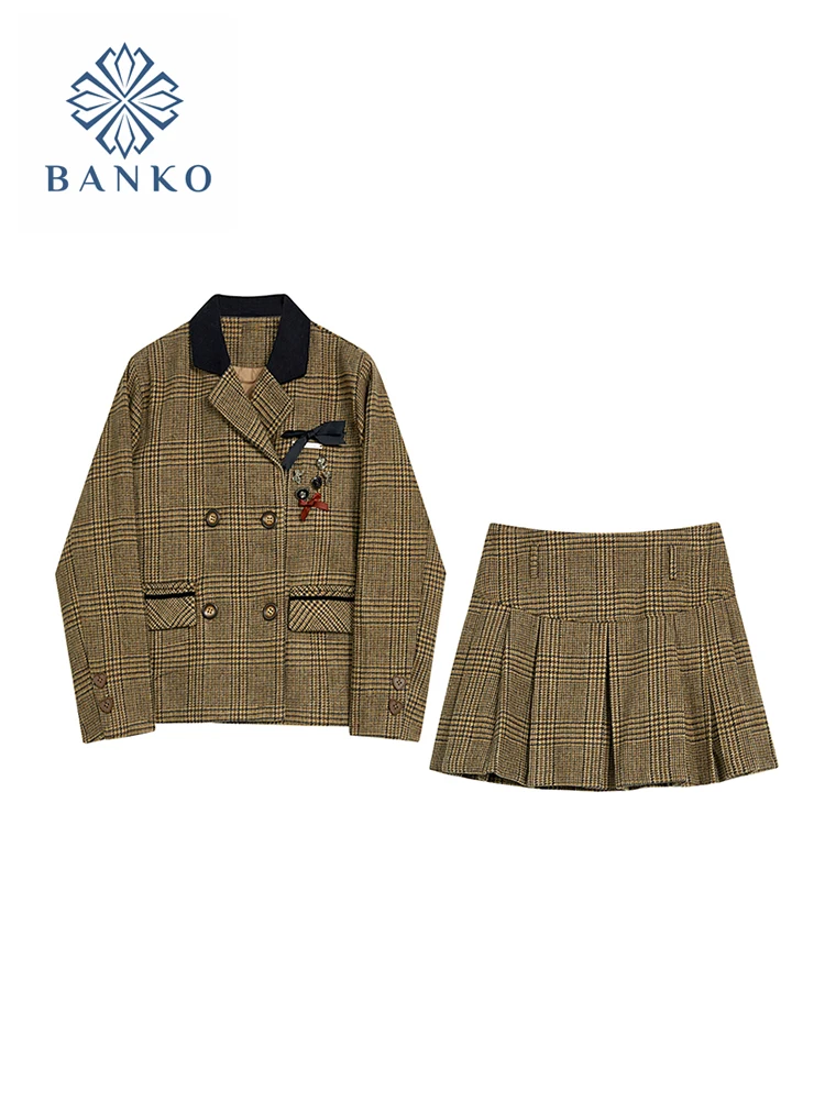 

American Retro Korean Brown Outfits 2 Piece Skirt Set Plaid Knitwear Cardigan + A-Line Skirt Gyaru Elegant Fashion Autumn Winter
