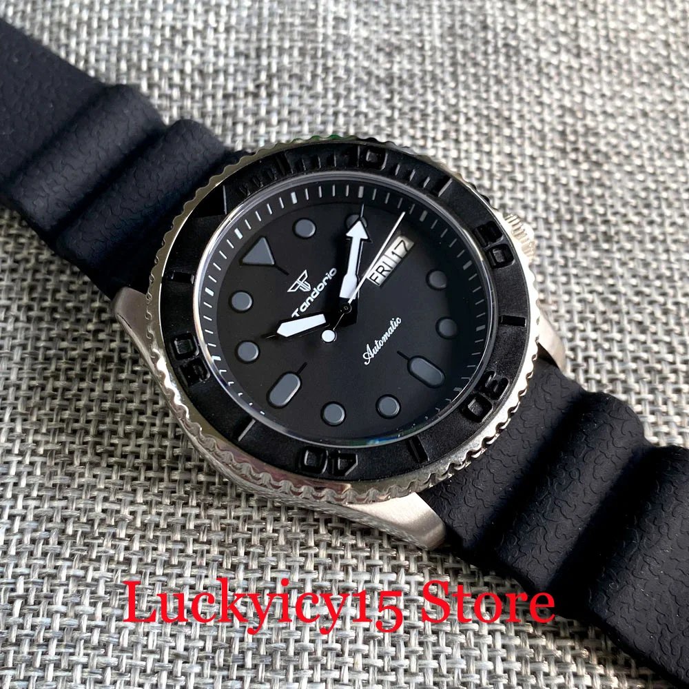 Diver 200M Waterproof Tandorio 41MM NH36A Automatic Men Watch Black Dial Luminous Double Day Display Sapphire Glass Rubber Strap
