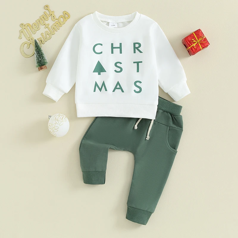 

Baby Boy Girl Christmas Outfit Christmas Tree Print Long Sleeve Sweatshirt and Pants Fall Winter Clothes Set