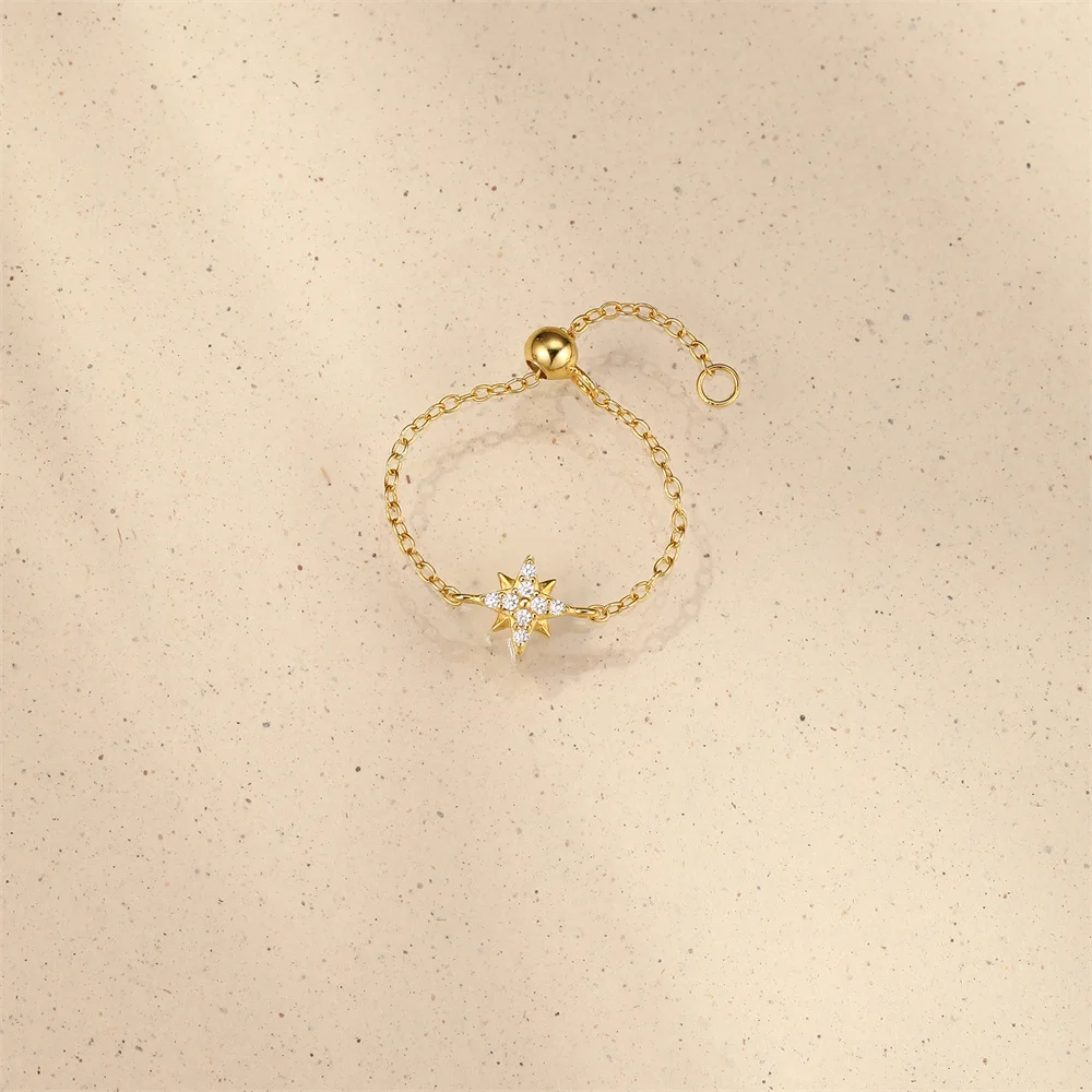 ROXI Fingerringe aus 925er-Sterlingsilber, Gold/Silber, achteckiger Stern, runder Zirkon, für Damen, verstellbare Öffnung, Kettenring, Schmuck – Detail 9