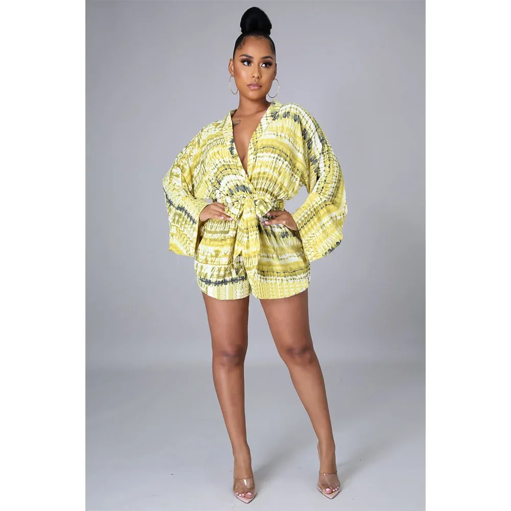 

2024 женский модный сексуальный повседневный комбинезон с длинным рукавом и V-образным вырезом и персонализированным принтом на шнуровке