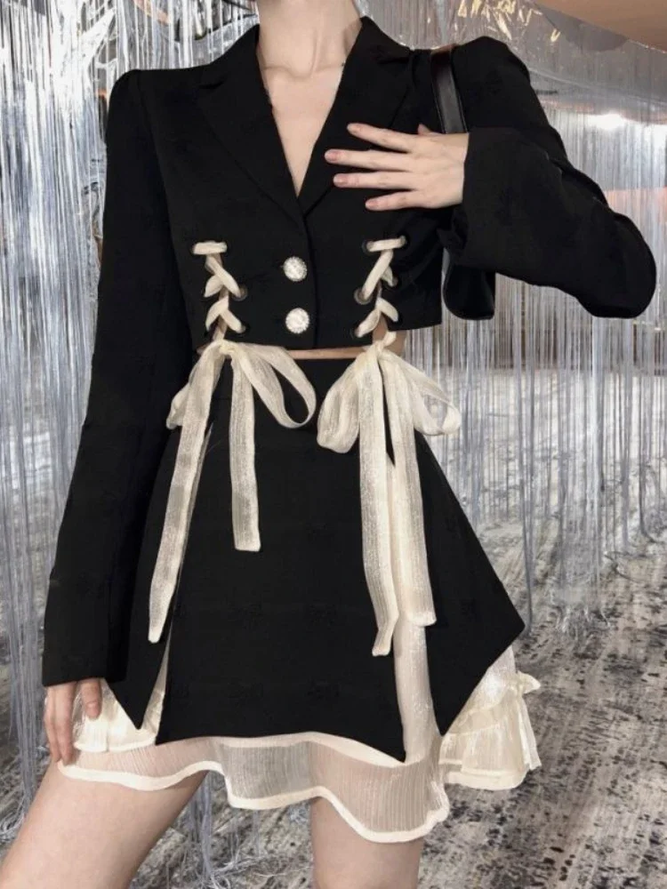 Gothic Elegant Retro 2 Piece Dress Set Even Party Women Casual Y2k Crop Tops + Mini Skrits 2023 Summer Korean Fashion Suits
