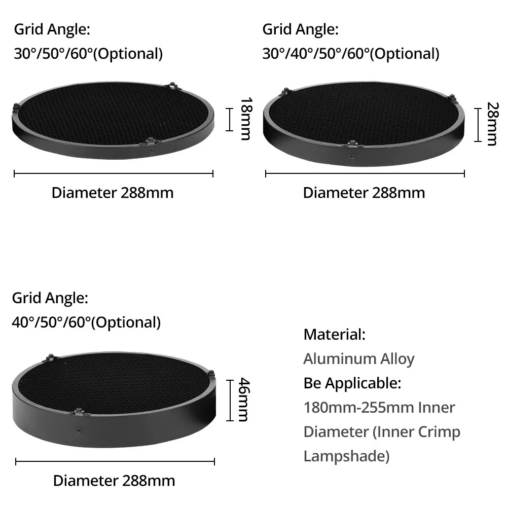 Ambitful 18mm 28mm 46mm 두께 30/40/50/60도 알루미늄 허니콤 그리드 스튜디오 조명 스트로브 플래시 LED 조명 사진 촬영용