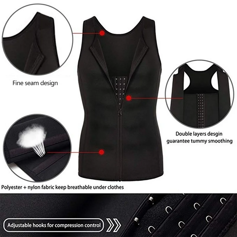 Mens Body Shaper Sauna Suit Sweat Vest Slimming Waist Trainer Weight Loss Shirt Fat Burner Workout Tank Tops Shapewear with Zip