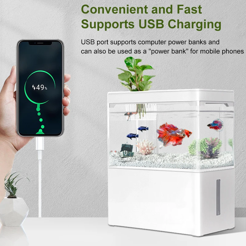 Fish Aquarium Small Aquascape Ecological Tank Home USB Power Planting Filtration NoWater Change Adjustable Breathing Light