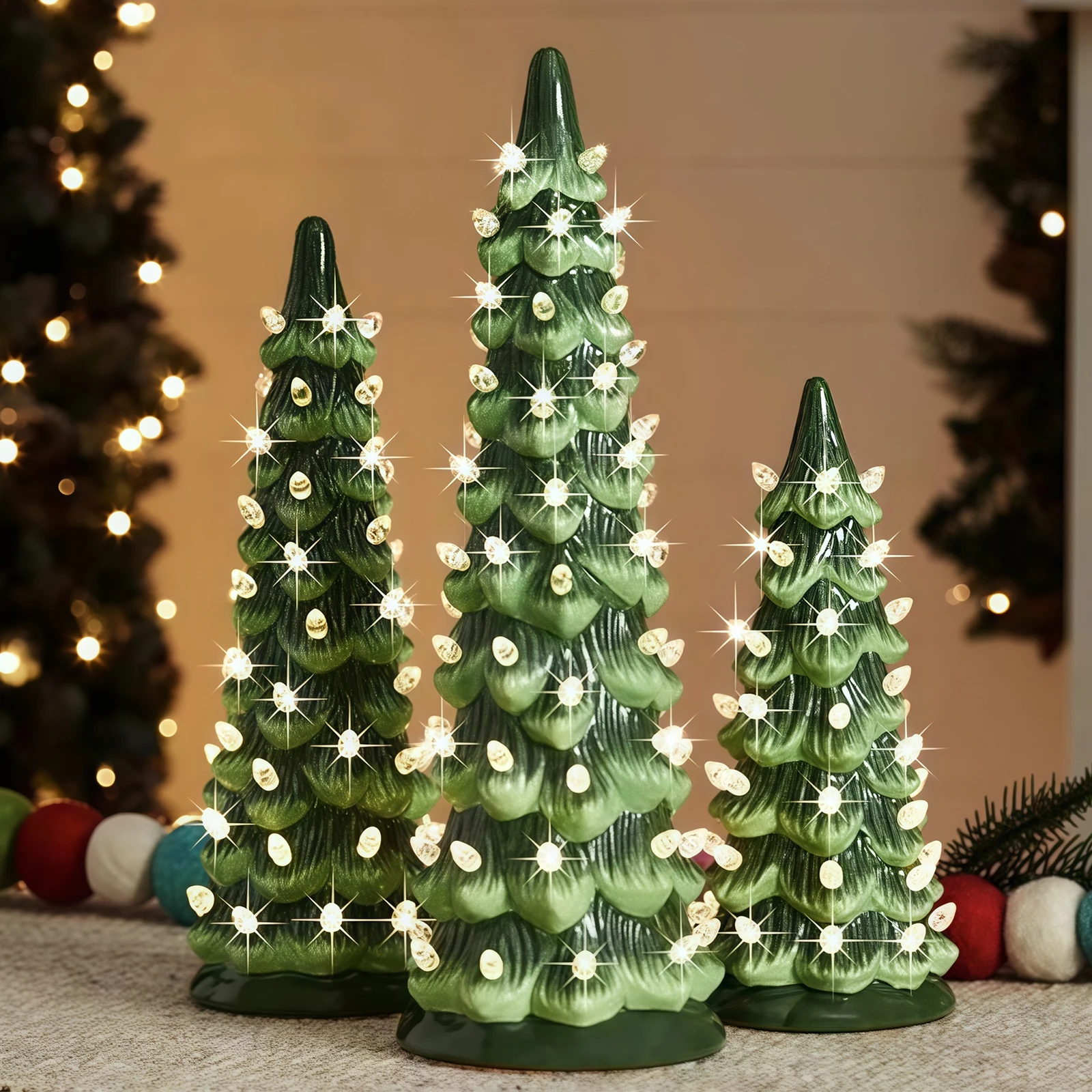 Retro Resin Christmas Village Decoration Tree Lights With Tree Topper LED Multicolored Lights For Ornaments Home Courtyard Ornam