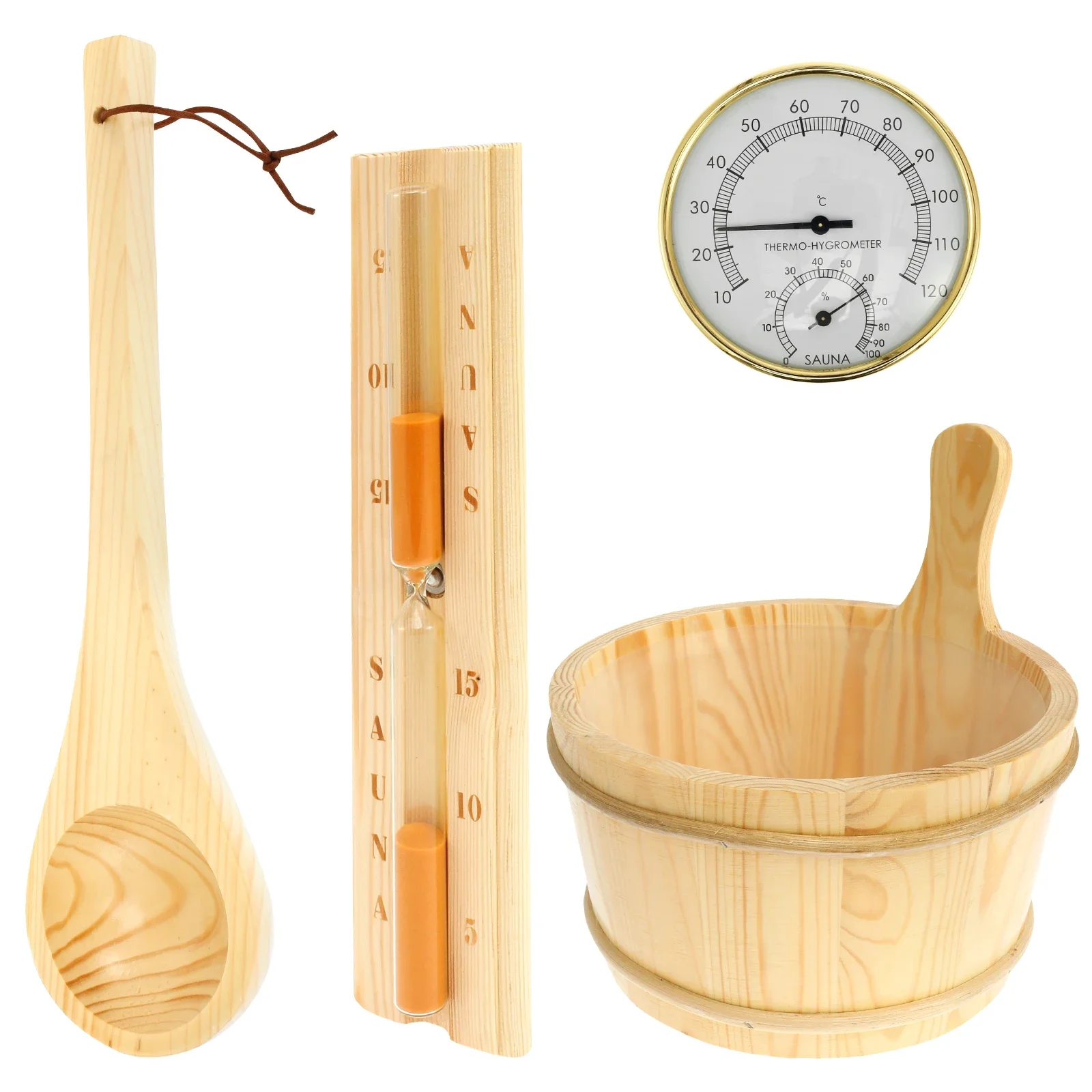 4Pcs Set Sauna Accessories Wood Sauna Bucket Spoon with Handle Design 2 in 1 Thermometer&Hygrometer Hourglass Timer